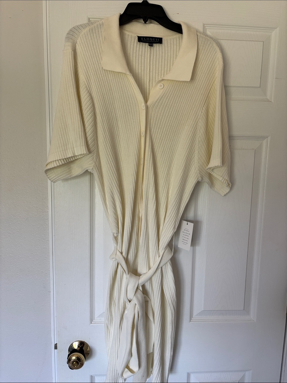 Eloquii Cream Ribbed Collared Button-Front Knit jumpsuit with shorts & tie belt